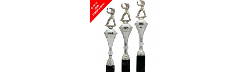  METAL FIGURE TROPHY MOUNTED ON A TALL SHAPED CONICAL PLASTIC CUP  - AVAILABLE IN 3 SIZES